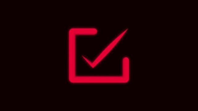 Red Neon Check Mark Inside Square Outline on Dark animation Background tick check box.Bright red neon check mark animation inside square for digital UI, apps, and motion design.