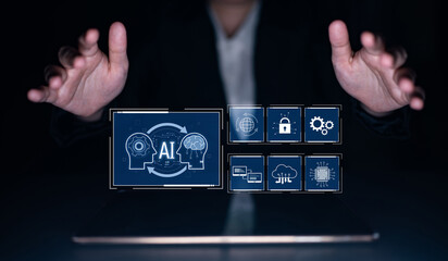 Naklejka premium AI system integration improves artificial intelligence platform. AI system integration enhances automation, secures data, supports cloud, and AI system integration connects systems. Latch