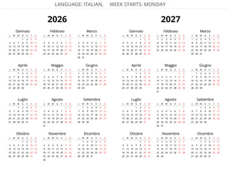 Sіmple 2026 and 2027 Italian calendar. Clear vector illustrations Italy