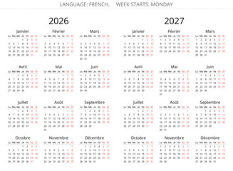 2026 and 2027 french simple clear calendars isolated on white. Vector illustration France