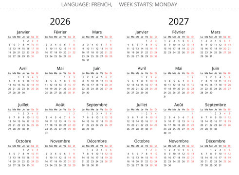 2026 and 2027 french simple clear calendars isolated on white. Vector illustration France