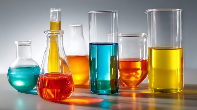 A vibrant display of laboratory glassware filled with colorful liquids, showcasing chemistry, science, and the potential for scientific discovery and experimentation
