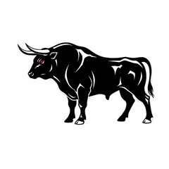 Obraz premium Illustration of a Powerful Black Bull with Red Eyes and White Outline on a Black Background