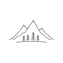 Mountain and Trees Line Art Illustration Natural Landscape Drawing Outdoor Adventure Vector
