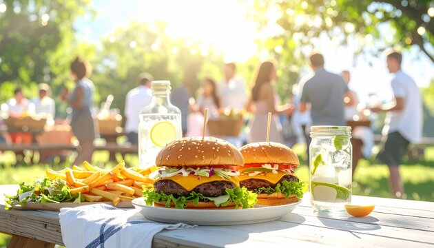 Picnic soleado con hamburguesas y acompa&ntilde;amientos en mesa familiar