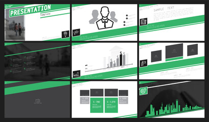 Business presentation template design, green and black elements on white background. Use in flyers and SEO, powerpoint, infographics, webinar pages, website banners, annual report. Vector illustration