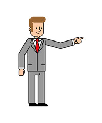 Businessman or manager pointing hand gesture. Flat vector illustration for concepts of direction, instruction, presentation, or suggestion.