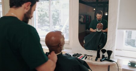 Barbershop, appointment and man with barber, grooming and tools for hair maintenance and discussion. Salon, hairdresser and people with equipment for hairstyle, process and conversation with client