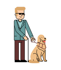 Visually impaired man with a guide dog. Flat vector illustration for concepts of assistance, support, accessibility, disability, or animal service.