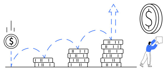 Financial growth concept. Currency symbols, stacked coins, and upward arrows financial growth, profit increases, and investment strategies. For business, banking, investment economics wealth