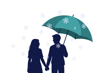 A young couple stands under an umbrella in the rain, symbolizing protection from the cold winter weather.
