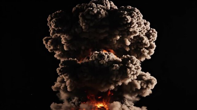 Massive fiery explosion erupts into a mushroom cloud against a black background.