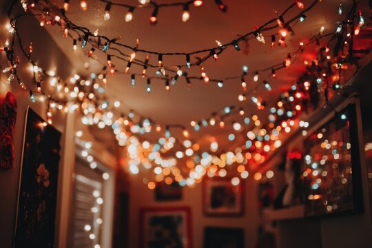 Warm, cozy atmosphere with twinkling fairy lights, a sneak peek of festive offers, inviting layout, cheerful colors, and playful fonts