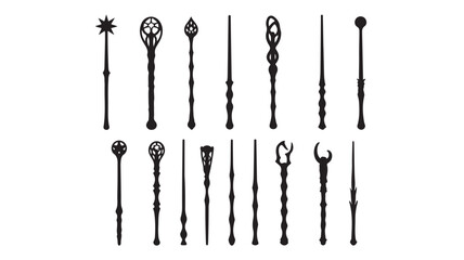 Collection of black silhouette magic wand and staff icons © MARS