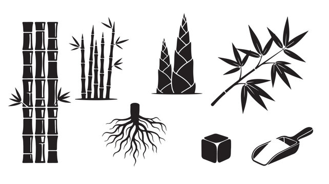 Collection of black and white silhouette icons representing various parts of bamboo plant
