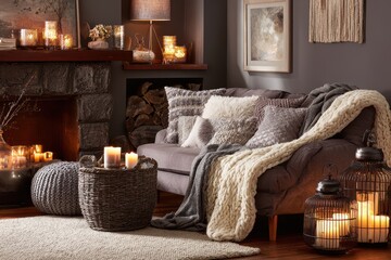 Cozy indoor retreat with plush blankets, flickering candles, and a warm fireplace, setting the perfect mood for a relaxing staycation