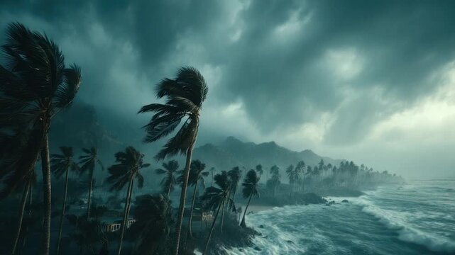 Tropical storm ravages a coastal area.  Palm trees bend in a fierce wind, with heavy waves crashing against the shoreline, under a stormy sky