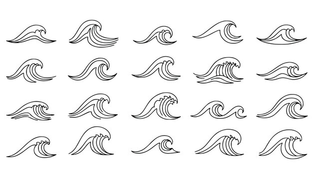 Set of twenty hand drawn ocean wave icons in black outline style