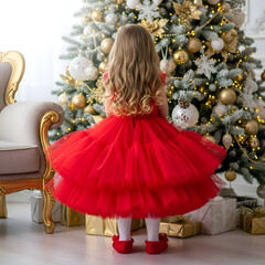 Adorable little girl in red dress admiring the shimmering Christmas tree lights, creating a magical holiday moment, perfect for festive family campaigns