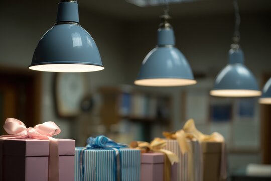 An elegant workspace adorned with thoughtful gifts for colleagues, featuring soft overhead lighting and a cheerful, professional vibe