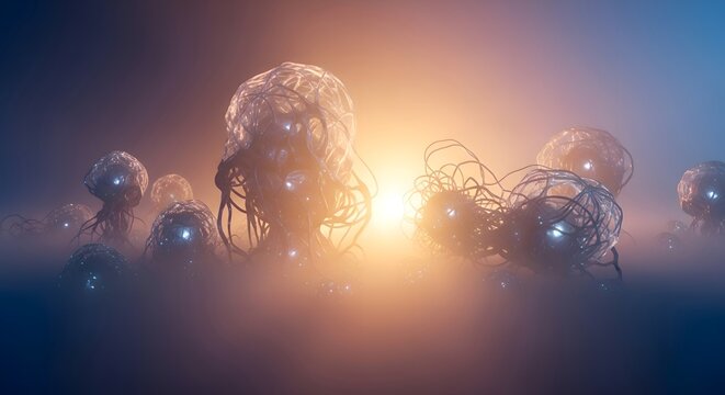 Ethereal glowing organic spheres with intricate biological details drift through a mysterious, luminous fog, creating a captivating vision of advanced cellular life