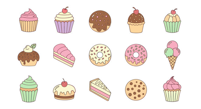 Collection of colorful cupcakes and desserts on white background