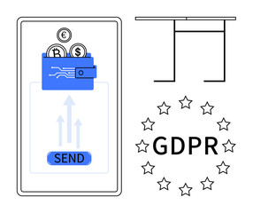 Digital wallet on smartphone sending cryptocurrency with euro, bitcoin, and dollar, GDPR stars symbol. Ideal for data privacy, regulation, finance, fintech, blockchain cybersecurity global