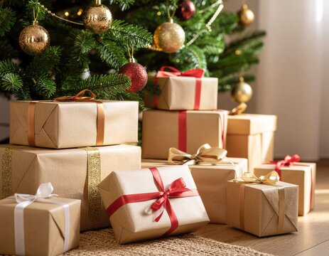 Group of Christmas gift boxes wrapped in craft paper under a decorated tree