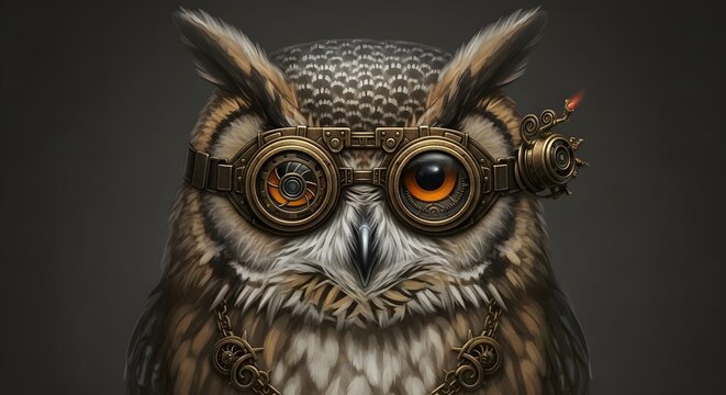 Steampunk owl wearing intricate bronze goggles, detailed feathers, whimsical mechanical bird with glowing eye, close-up fantasy portrait - Powered by Adobe