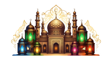 Mosque with glowing lanterns for ramadan and eid festive decor