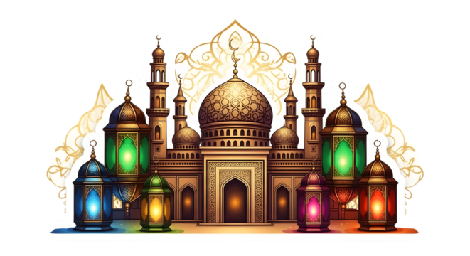 Mosque with glowing lanterns for ramadan and eid festive decor