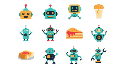 Naklejka premium Collection of colorful robots and food items on a white background
