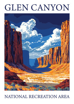 Dramatic vector illustration in vintage WPA poster style of Glen Canyon National Recreation Area, showcasing rugged canyon walls.