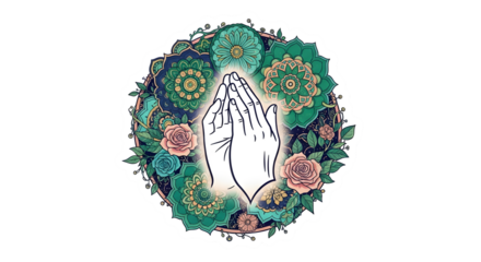 Praying hands in ornate floral mandala frame, spiritual peace