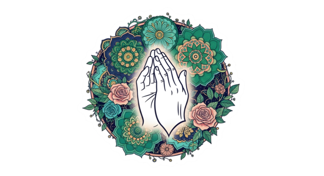 Praying hands in ornate floral mandala frame, spiritual peace