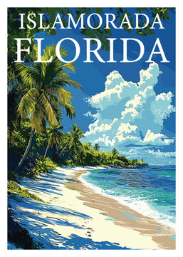 Vector illustration of a tropical white sand beach in Islamorada, Florida, with lush palm trees, clear turquoise water, and dramatic cumulus clouds overhead.