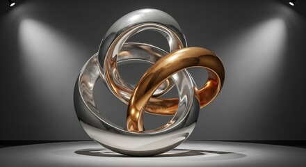 A reflective metal sculpture of three interlocking rings two silver and one bronze under spotlights against a dark grey background
