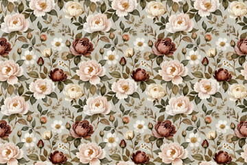 Illustrative floral seamless pattern, watercolor roses, peonies, wildflowers, earthy shades, romantic, nostalgic charm, great for invitations, vintage packaging, fabric prints, and romantic journals