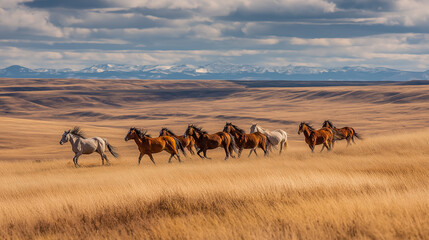 Galloping Horse Herd on Grassland with Snowy Mountains, Natural Wildness for Scenery and Animal Themes