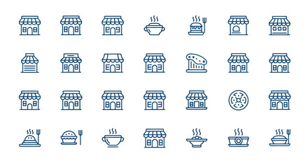 Collection of commercial buildings and food icons set in line art style