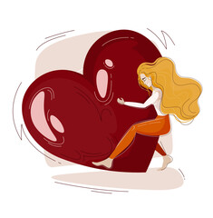 Valentine's Day vector illustration. Сute blonde girl hugs a huge red heart. Happy young woman in love. Big feelings. Funny bright holiday art. Graphic romantic card print design. Flat festive concept