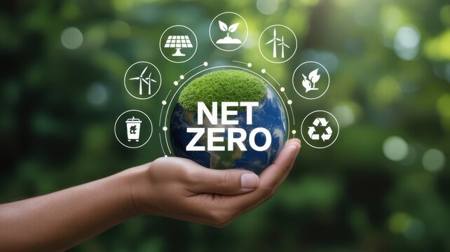 Hand holding earth with net zero concept and green energy icon