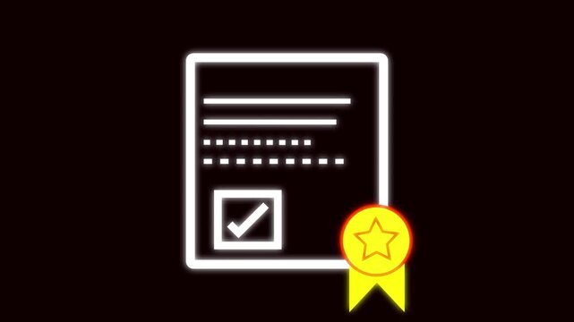 Document Icon with Check Mark and Yellow Ribbon Award on Dark animation Background paper certificate. Bright document icon with check and yellow award ribbon, smooth animation for certification