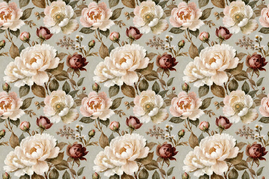 Unique floral seamless pattern, watercolor roses, peonies, wildflowers, earthy tones, romantic, nostalgic spirit, excellent for invitations, vintage packaging, fabric prints, and romantic journals