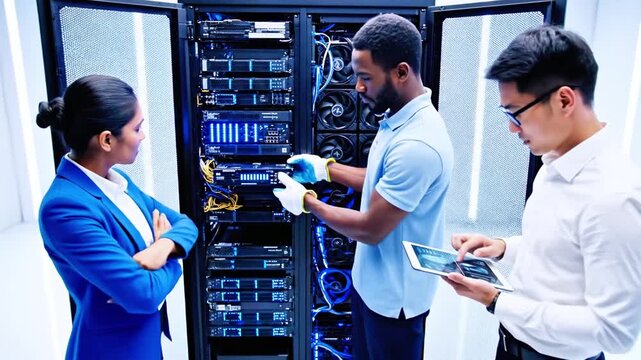 Three diverse technicians working on a server rack in a data center, focused and collaborative