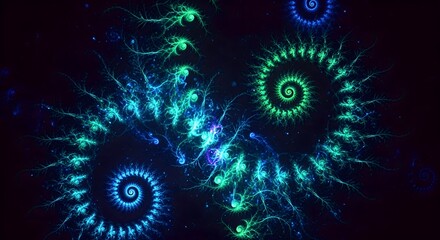 Intricate swirls of light forming cosmic spirals in a digital fractal art composition