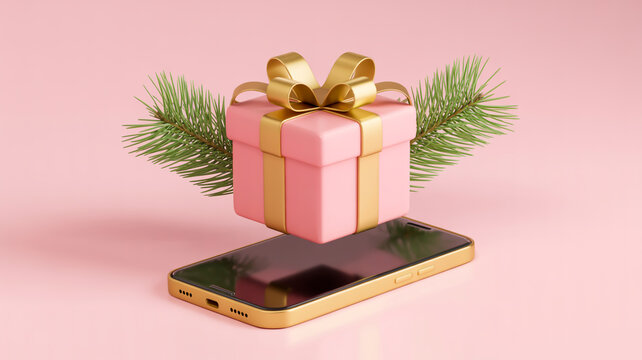 A 3D rendering of a pink gift box with a gold ribbon and bow floating above a gold-colored smartphone on a pink background - Powered by Adobe