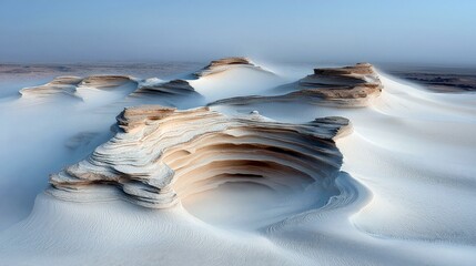 Layered sandstone rock formations sculpted by wind and erosion in a vast, misty desert under a pale blue sky.