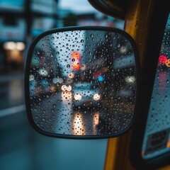 Raindrops on Tuk Tuk Side Mirror – Urban Rain Aesthetic Close-Up