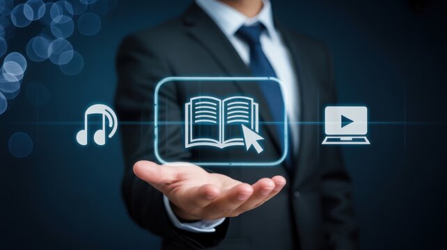 Businessman presenting digital content options like book, audio, video